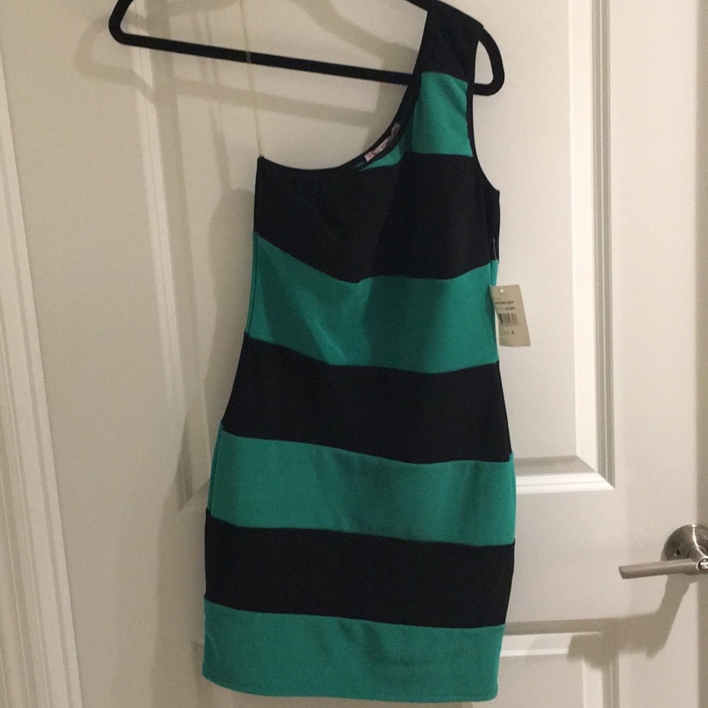 Green and black one shoulder dress